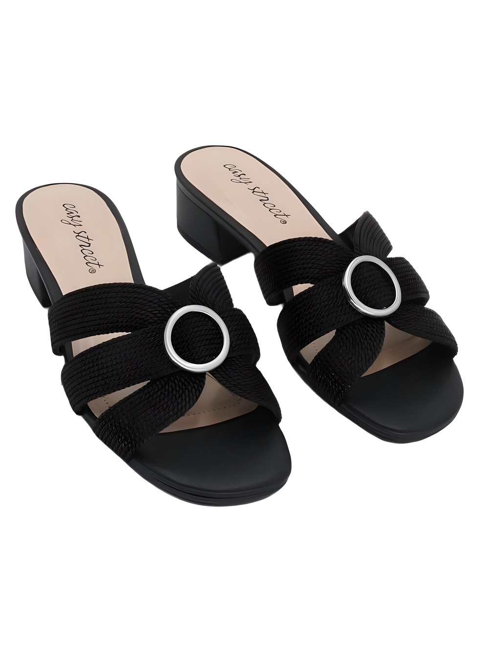 Easy Street Onyx Black Woven Slide Sandals 2" Block Heel Size 6M